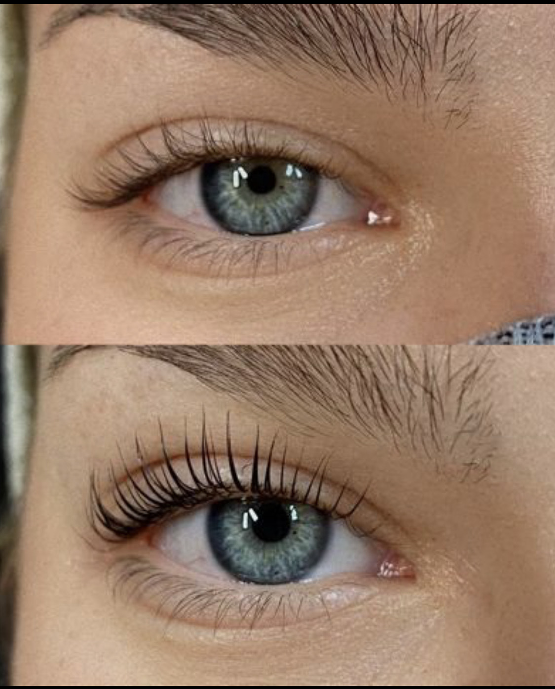 A client’s eye before and after a lash lift and tint: the lashes are visibly
                curled and darker in the lower frame.